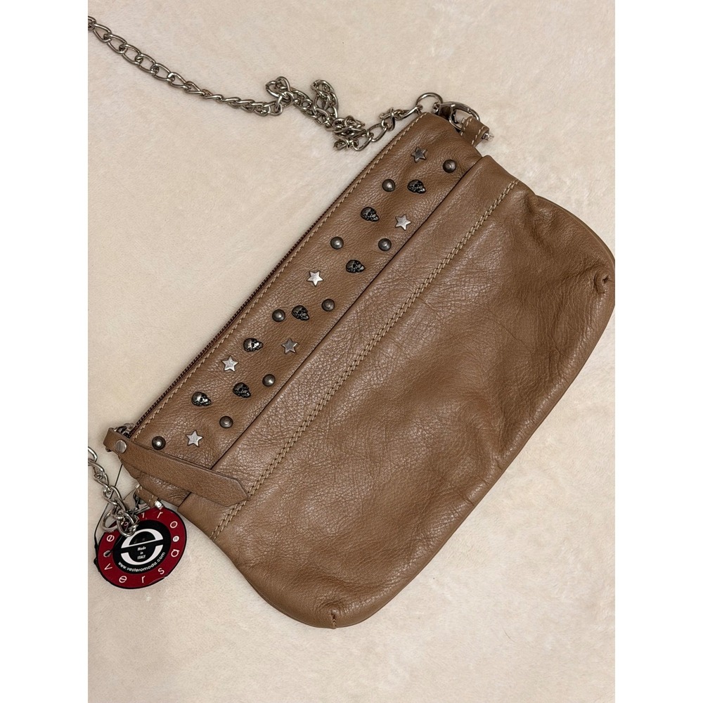 Estro Versa Brown Leather Crossbody Bag Skull Star Studded Made in Italy NEW